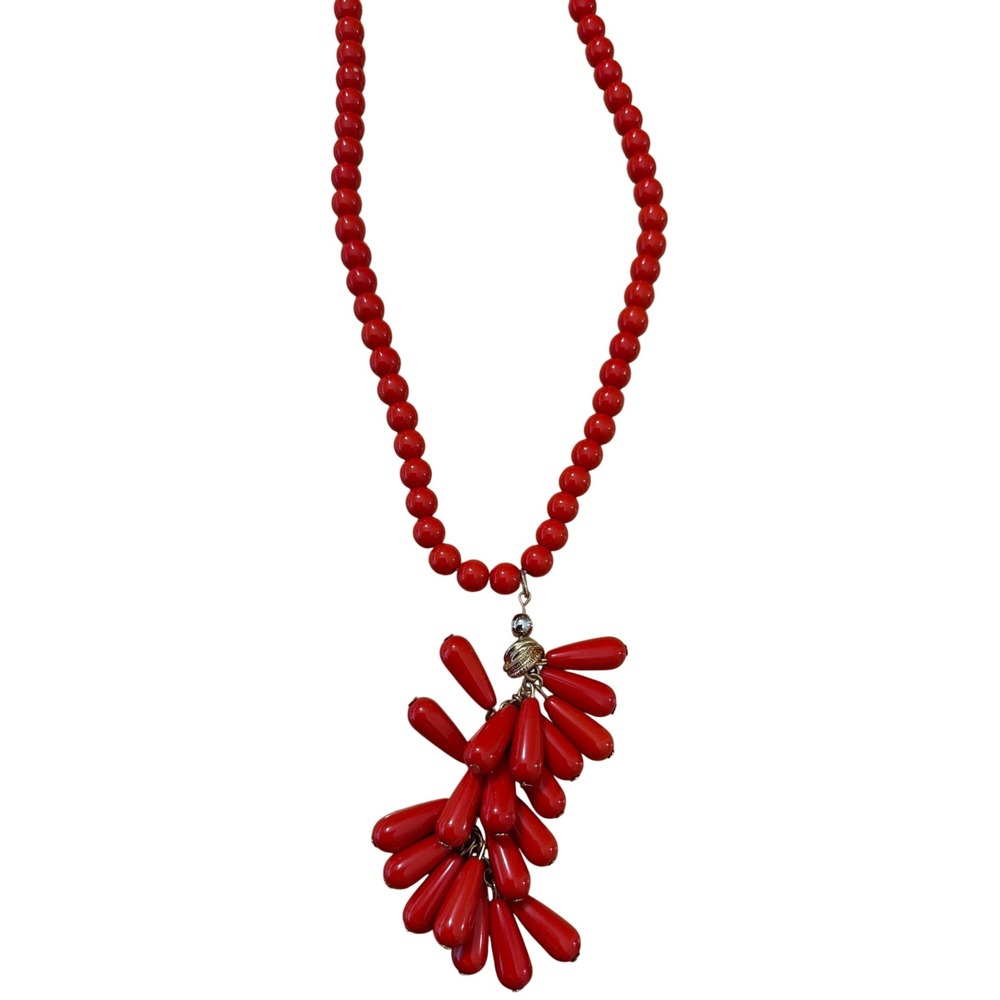 Red Beaded Statement Necklace Teardrop Fringe‎ Cluster Gold Tone Clasp  Boho